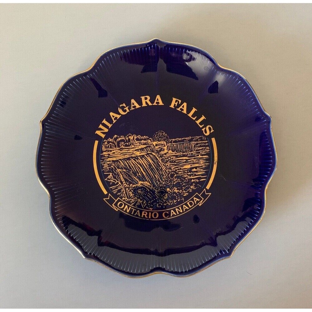 Vintage Niagara Falls Ontario Canada Cobalt Blue Gold Souvenir Plate